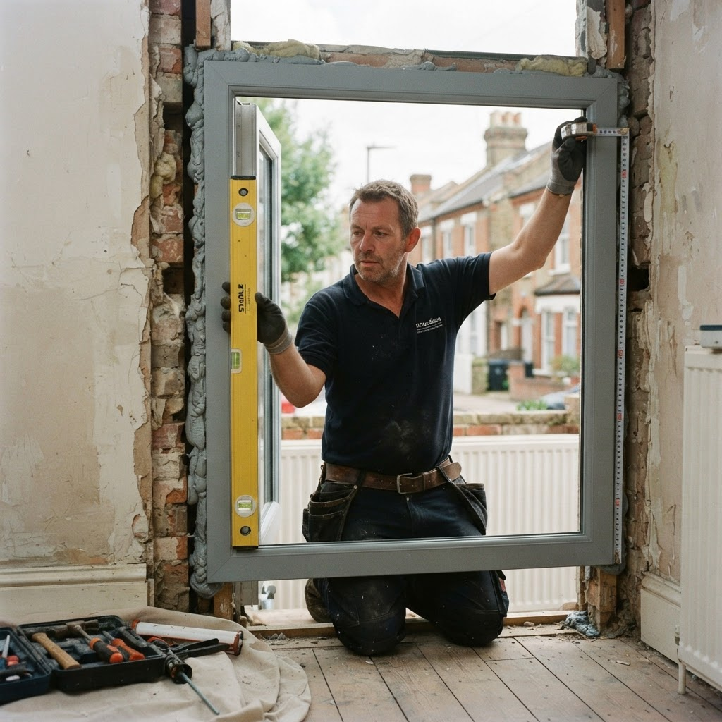 ZamZam Windows installer levelling a new grey uPVC window frame in a Manchester home