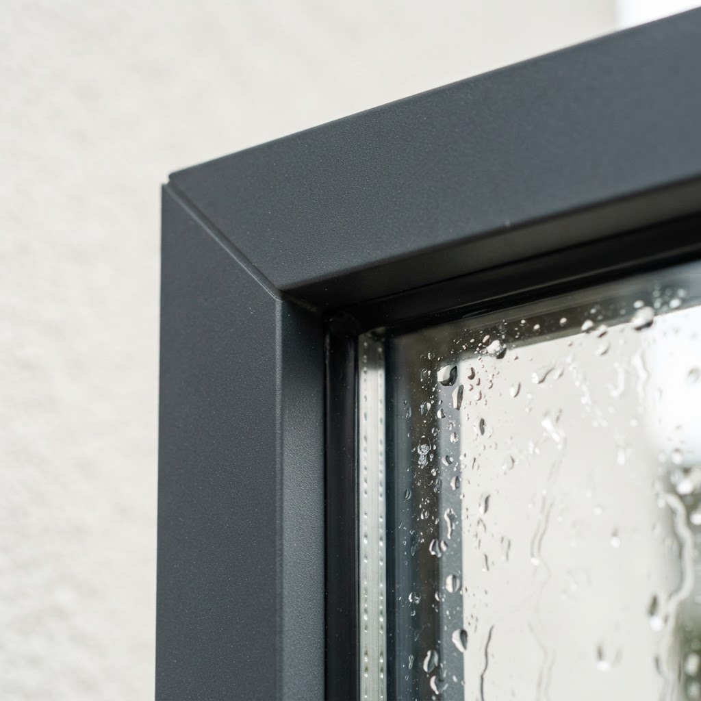 Detail of pristine double glazing and anthracite grey frame corner