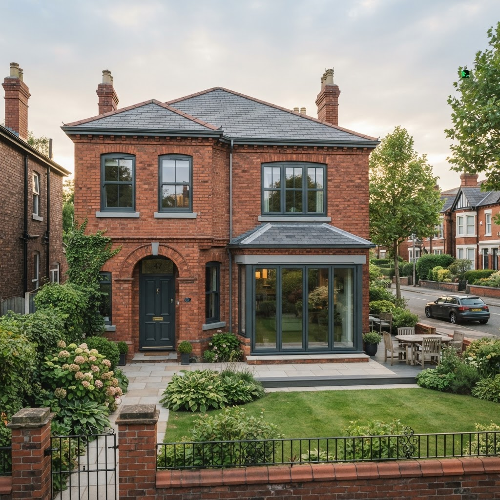 Manchester red-brick home fitted with new anthracite grey uPVC windows and patio doors by ZamZam Windows