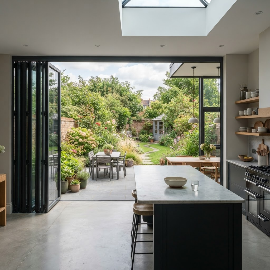 Open anthracite grey bi-folding doors connecting a modern kitchen to a garden