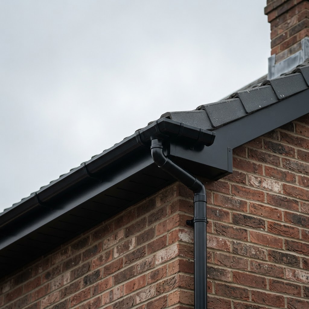 Clean black uPVC guttering and fascia on the roofline of a brick home