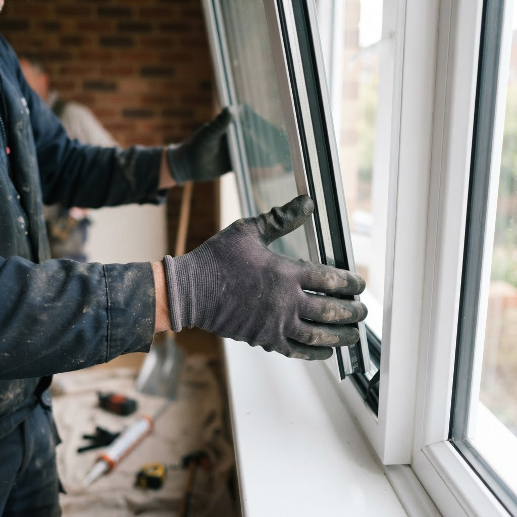 Glazier carefully fitting a new double glazed unit into a white uPVC window frame