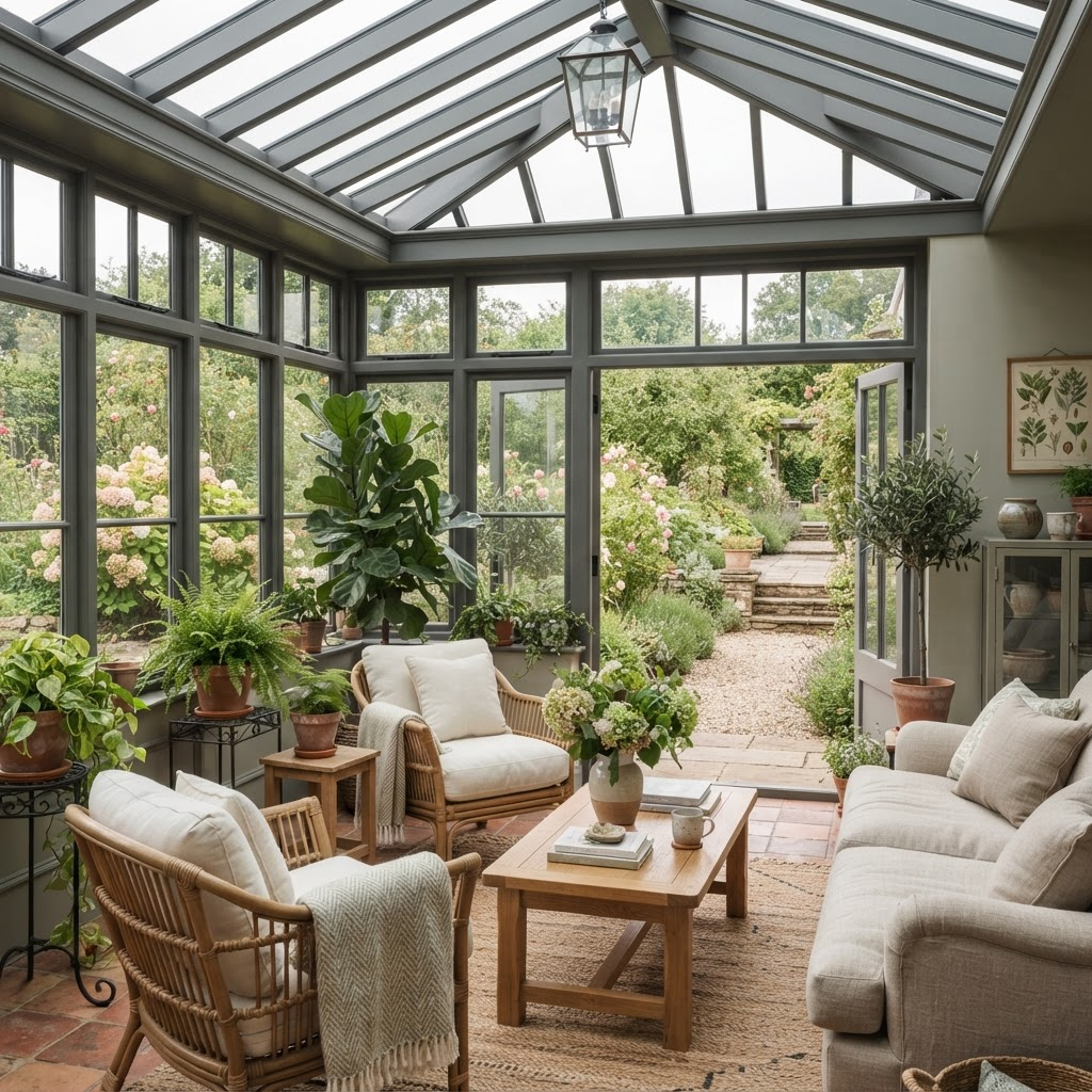 Bright sunroom with grey framed glazing overlooking an English garden