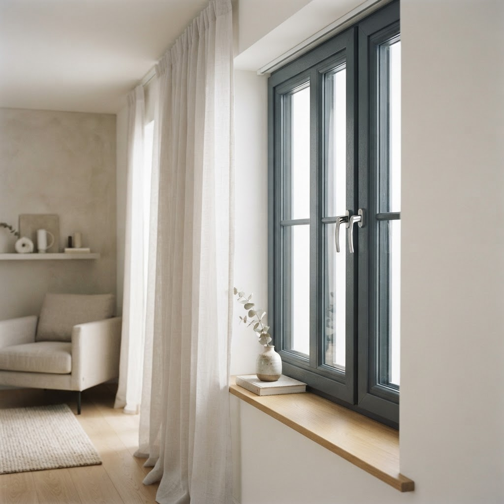Anthracite grey uPVC casement window installed in a bright Manchester living room